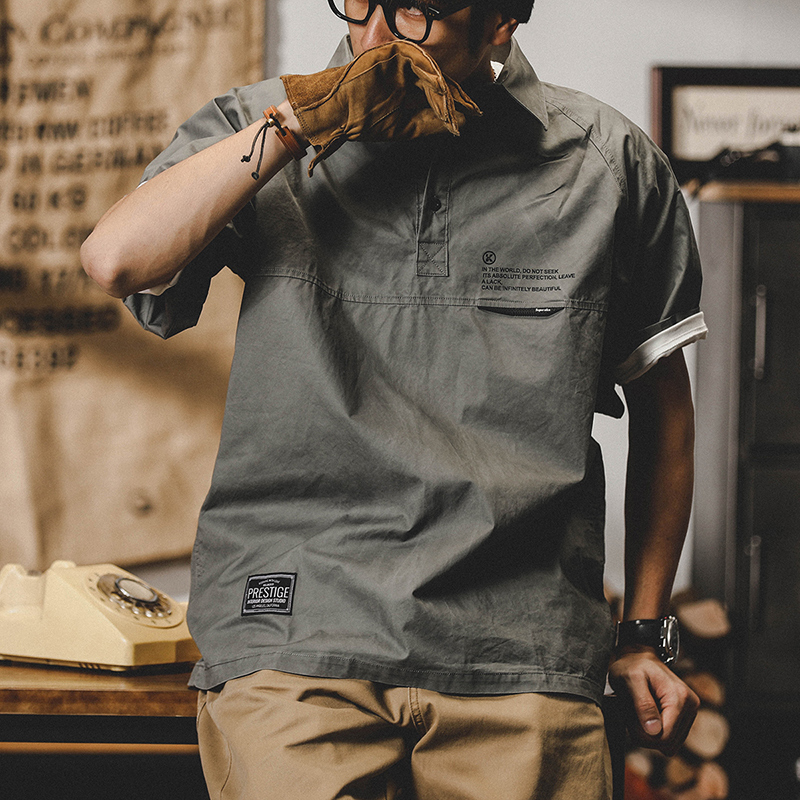 美式薄款工裝翻領短袖T恤男夏季ins潮牌POLO衫男寬鬆大碼半袖上衣