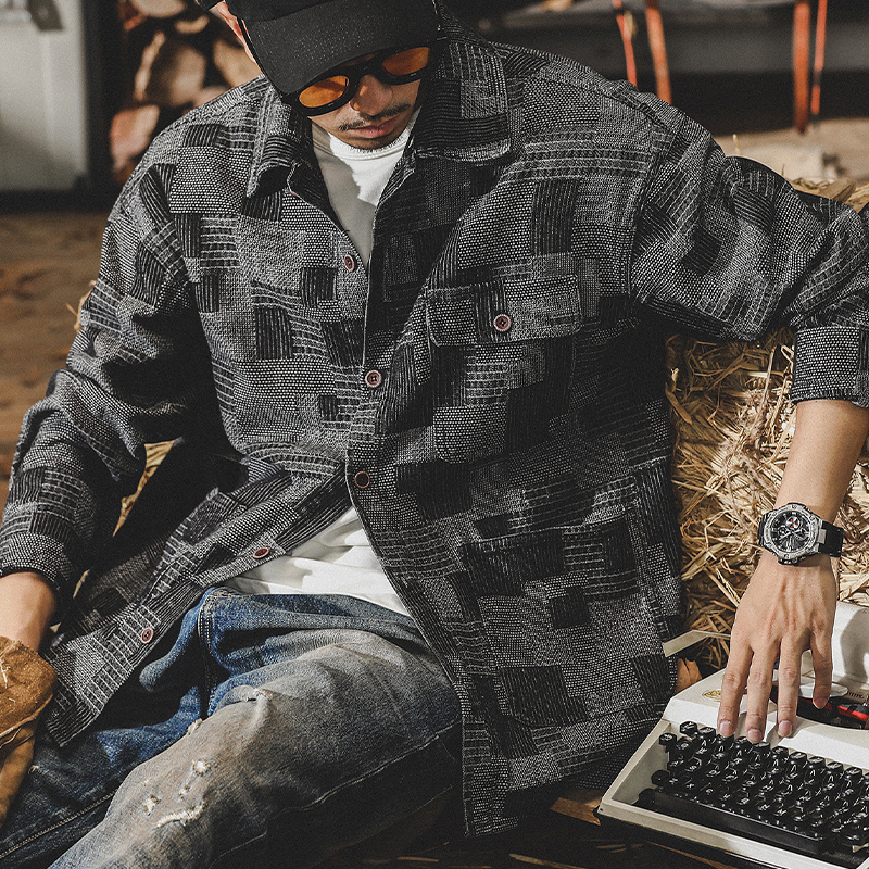 美式重磅復古長袖襯衫男春季寬鬆2023年新款潮流休閒拼色襯衣外套