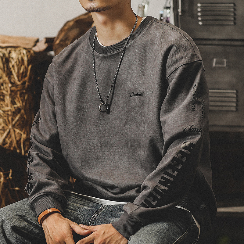 美式復古加絨復古衛衣男春季寬鬆大碼380g重磅麂皮絨做舊垂感T恤