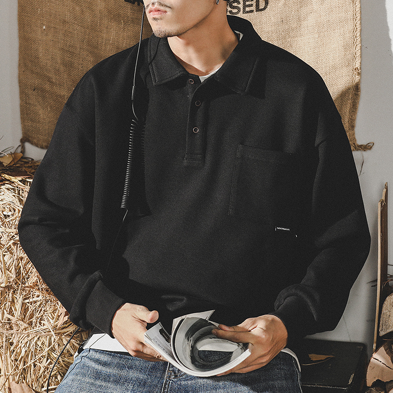 美式320g重磅POLO衫男春季简约风ins潮牌宽松翻领纯棉男士长袖T恤