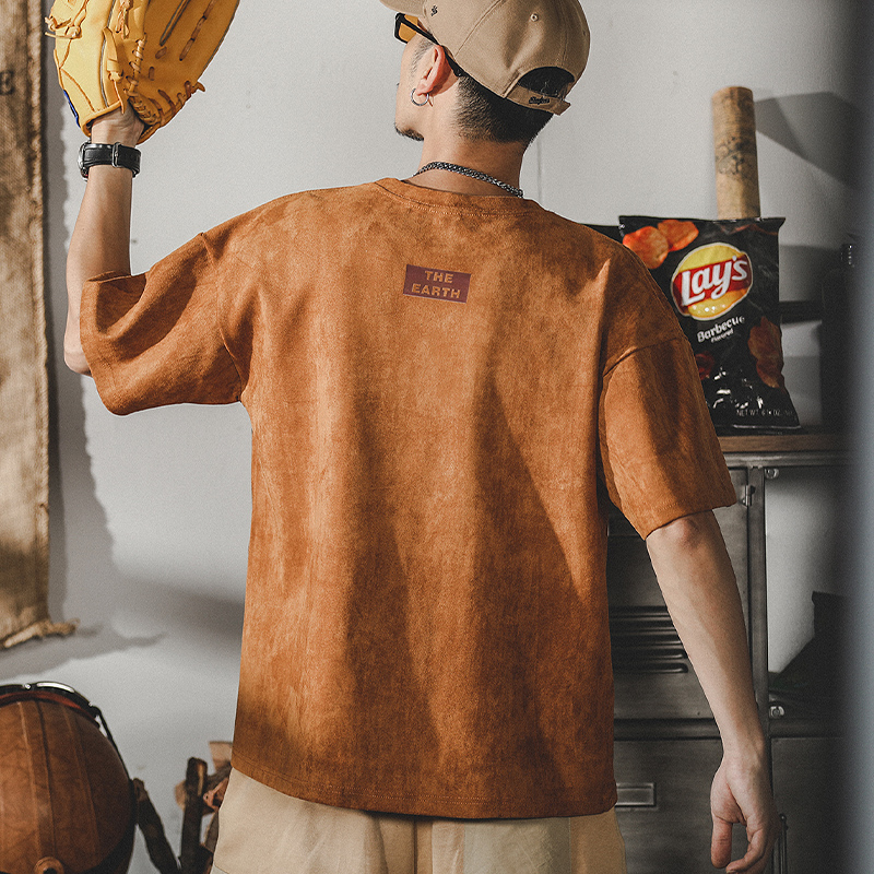 美式復古T恤男短袖夏季潮牌寬鬆ins男裝半袖麂皮絨垂感體恤