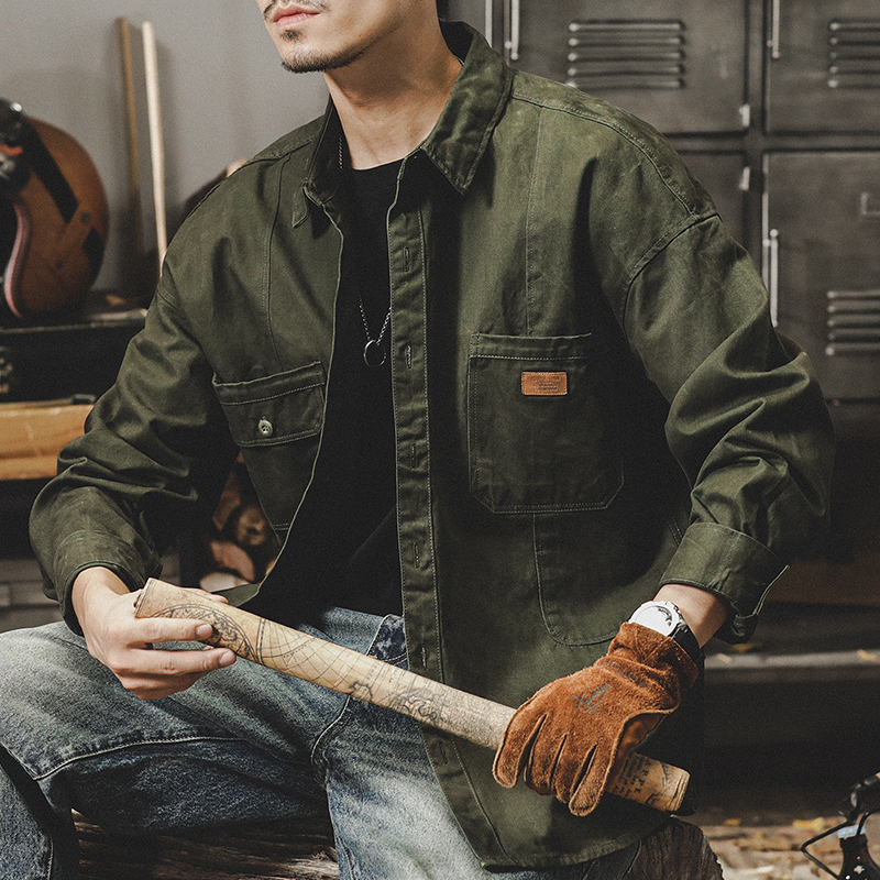 美式重磅復古工裝襯衫男長袖寬鬆硬漢獵裝襯衣男春季教練夾克外套
