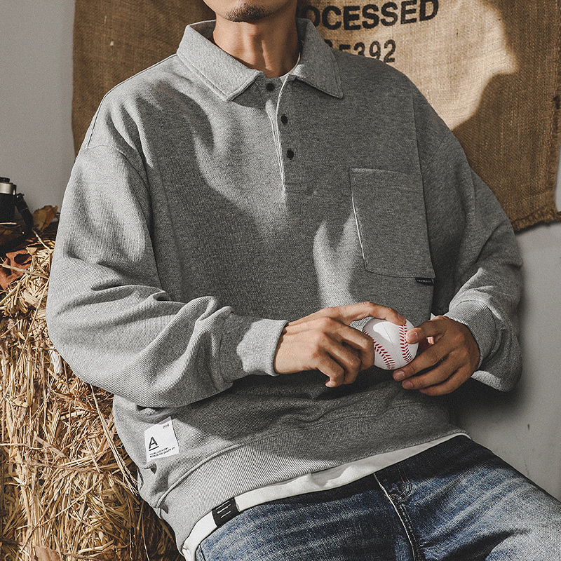 美式320g重磅POLO衫男春季简约风ins潮牌宽松翻领纯棉男士长袖T恤