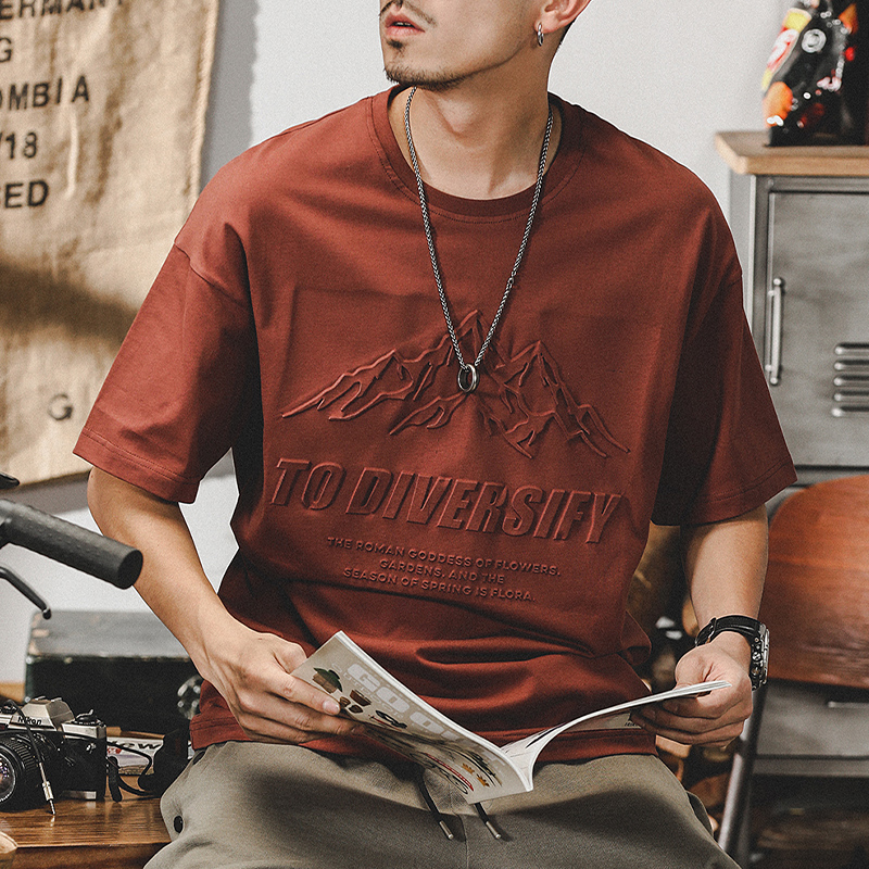 美式重磅t恤男短袖夏季潮流ins鋼印立體山系寬鬆大碼男裝純棉體恤