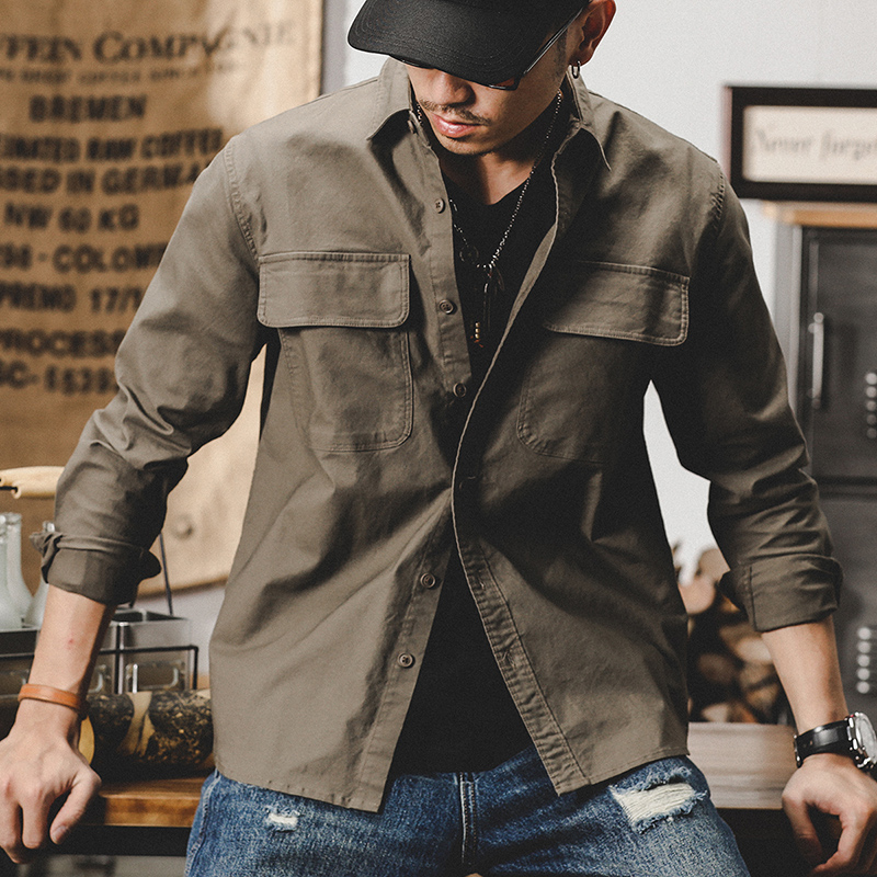 美式重磅復古工裝襯衫男長袖寬鬆硬漢獵裝男士休閒襯衣男春季外套