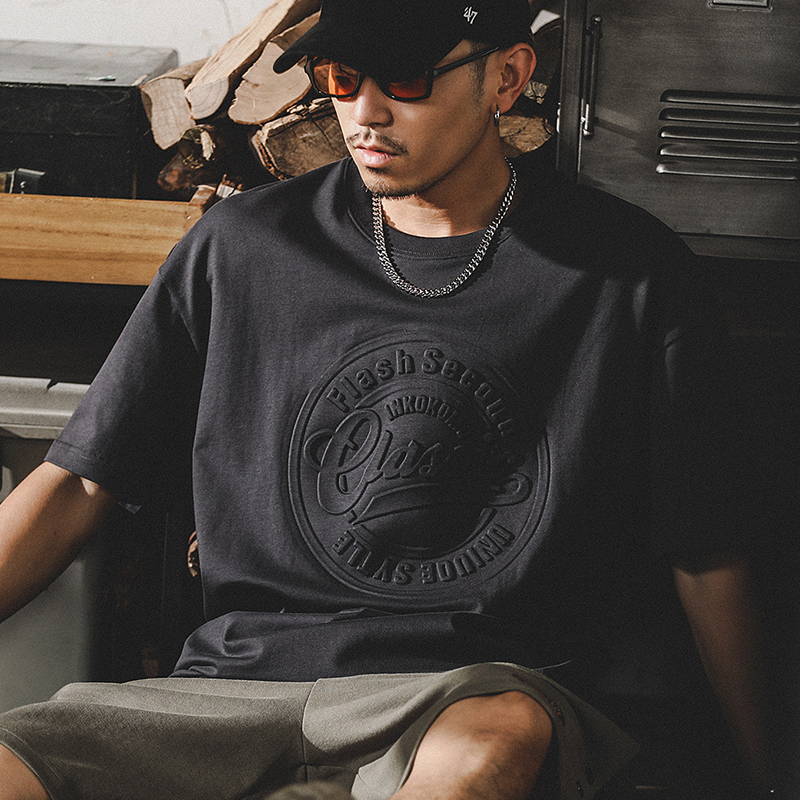 美式230g重磅T恤男士短袖寬鬆潮牌男裝鋼印立體純棉體恤男款夏季