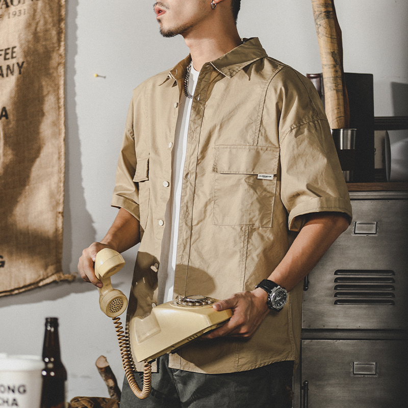 美式重工復古工裝襯衫男短袖寬鬆夏季衣服男ins潮牌大碼半袖上衣