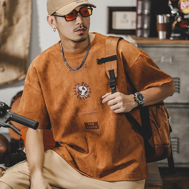 美式復古T恤男短袖夏季潮牌寬鬆ins男裝半袖麂皮絨垂感體恤