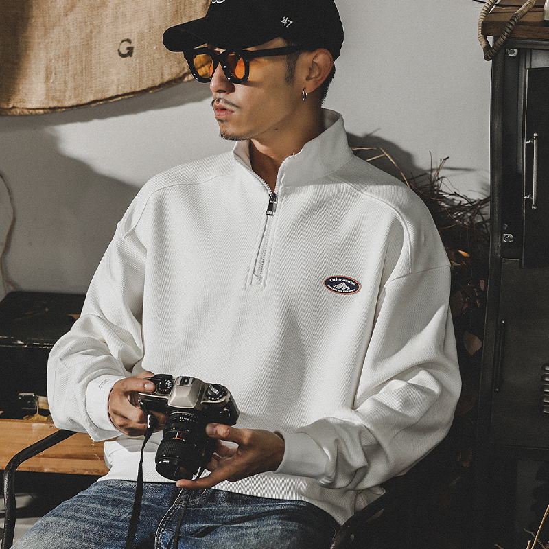 春裝新款白色翻領重磅衛衣男春季美式山系寬鬆潮牌長袖男士POLO衫