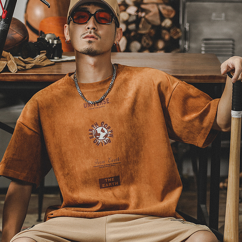 美式復古T恤男短袖夏季潮牌寬鬆ins男裝半袖麂皮絨垂感體恤