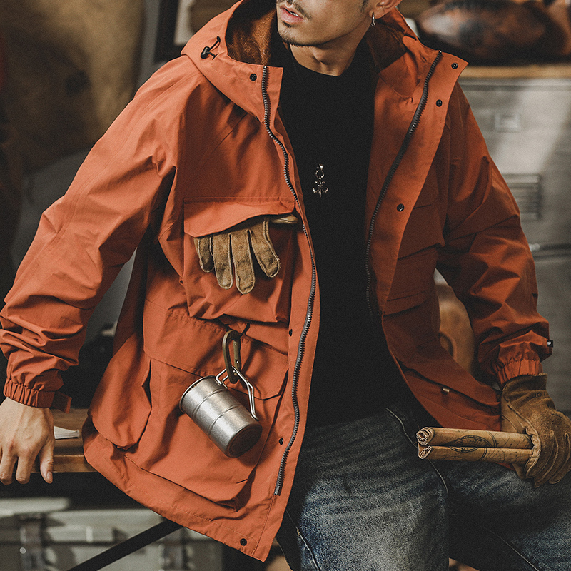 美式山系戶外機能外套男秋冬連帽多功能釣魚工裝衝鋒衣休閒夾克男