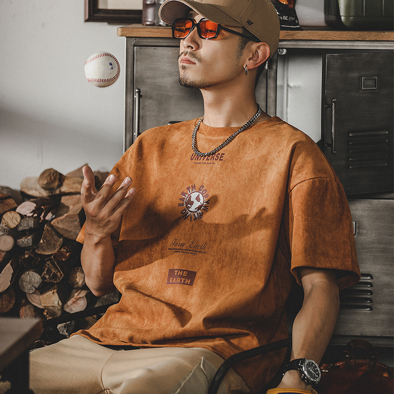 美式復古T恤男短袖夏季潮牌寬鬆ins男裝半袖麂皮絨垂感體恤