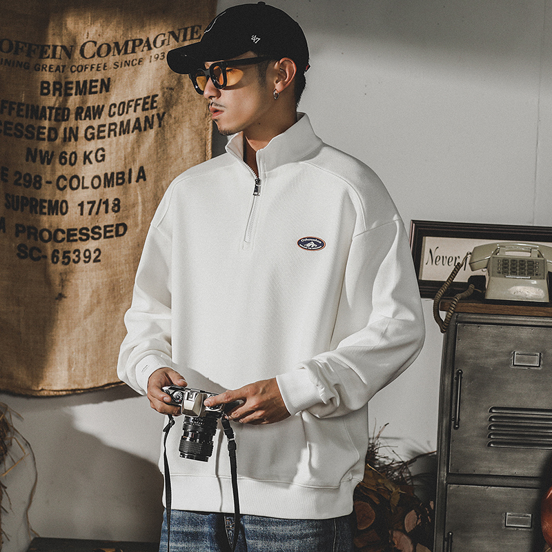 春裝新款白色翻領重磅衛衣男春季美式山系寬鬆潮牌長袖男士POLO衫