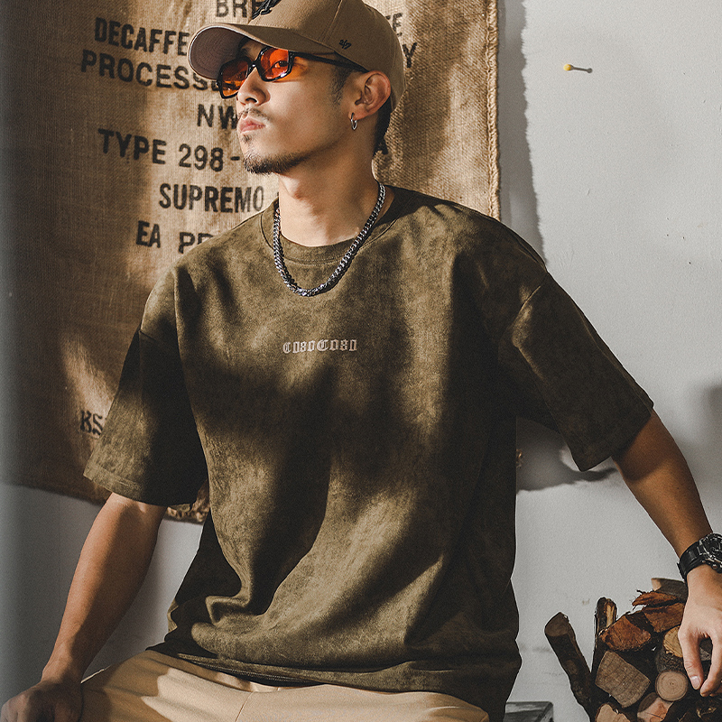 美式復古重磅t恤男短袖男士夏季寬鬆潮牌麂皮絨做舊垂感半袖體恤