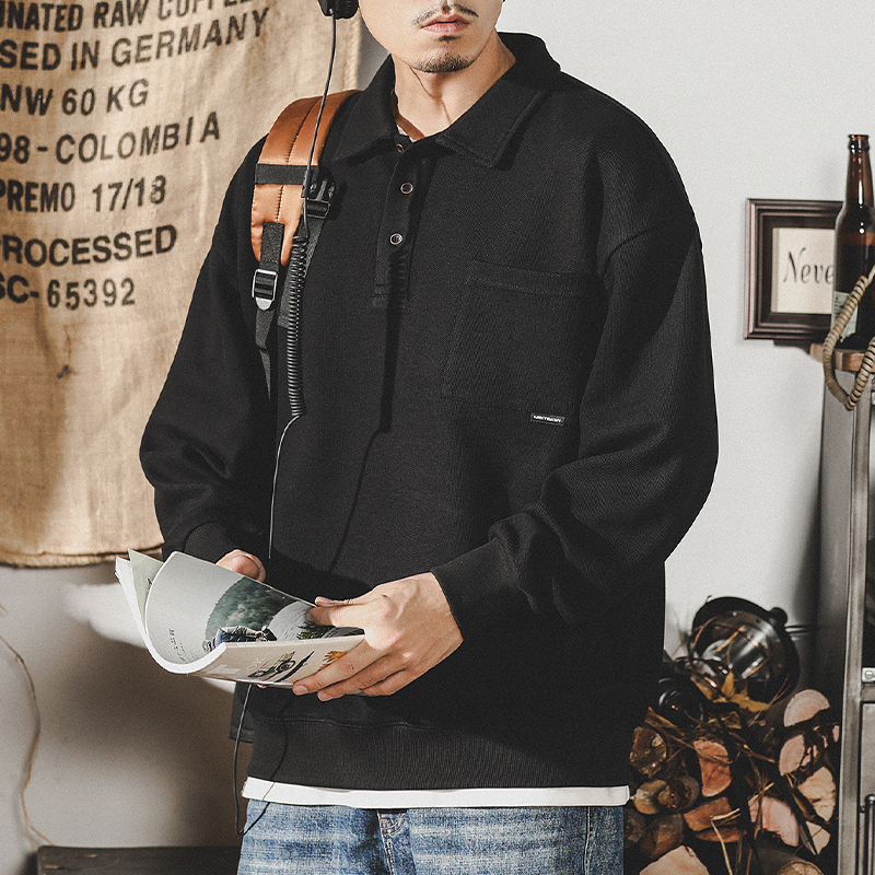 美式320g重磅POLO衫男春季简约风ins潮牌宽松翻领纯棉男士长袖T恤