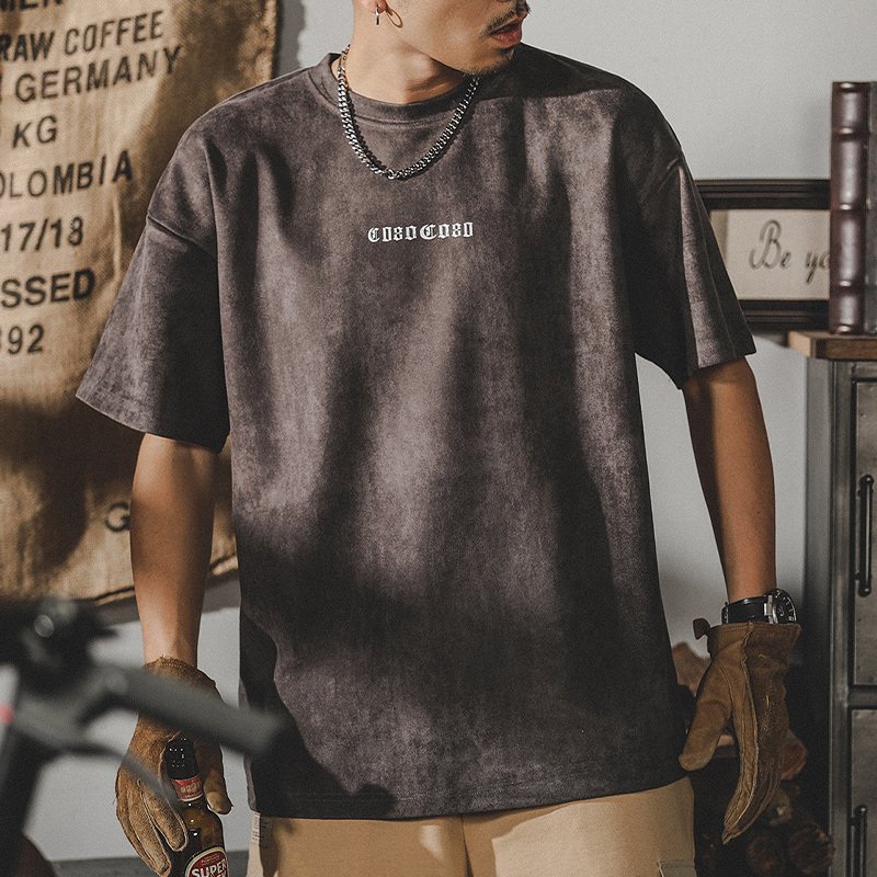 美式復古重磅t恤男短袖男士夏季寬鬆潮牌麂皮絨做舊垂感半袖體恤