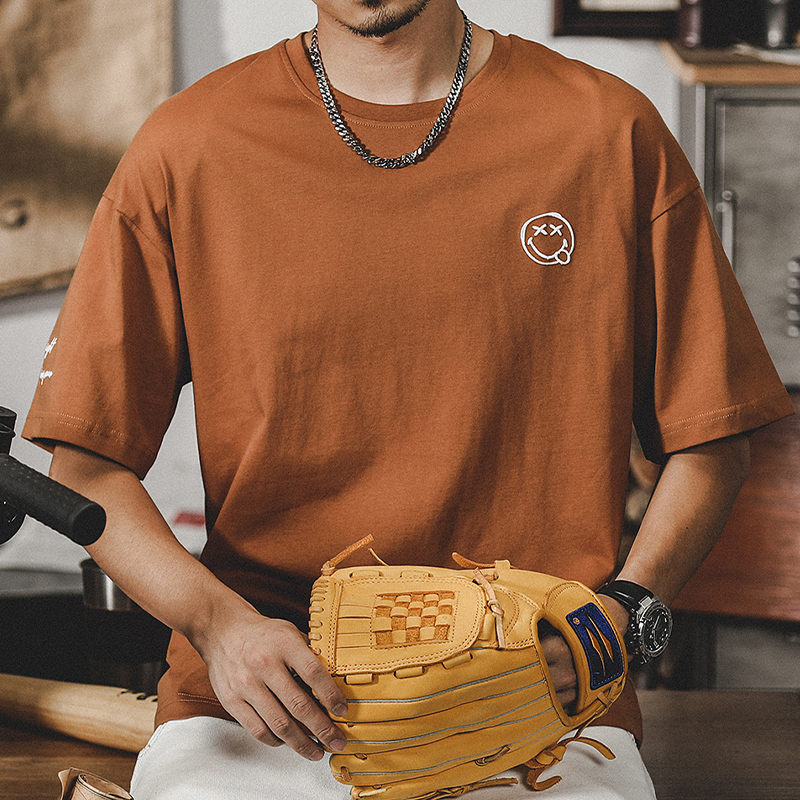 美式復古短袖T恤男士2023年新款ins潮牌笑臉純棉寬鬆大碼男裝夏季