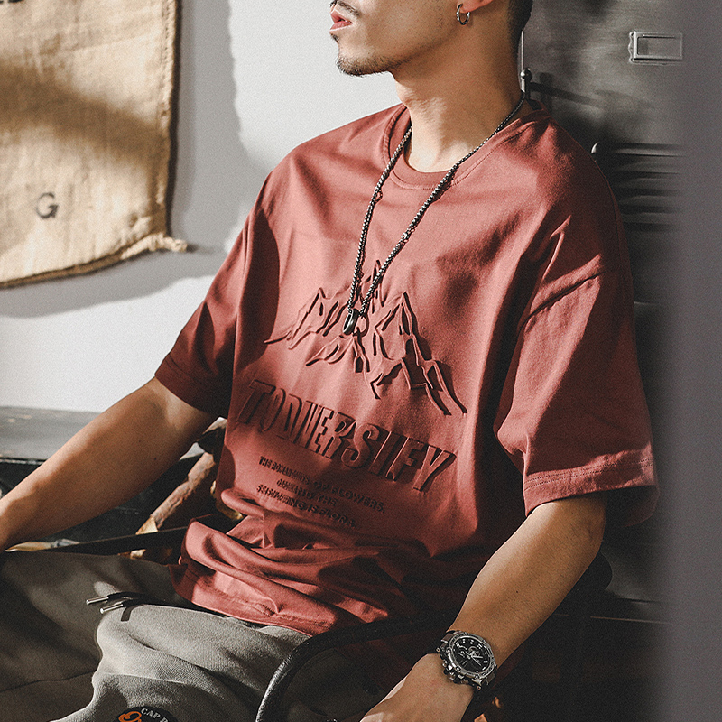 美式重磅t恤男短袖夏季潮流ins鋼印立體山系寬鬆大碼男裝純棉體恤