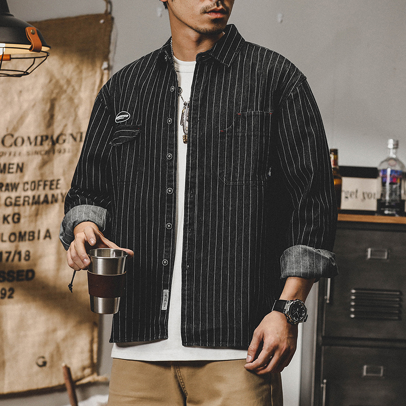 美式重磅復古條紋襯衫男長袖2023年新款寬鬆工裝襯衣男春秋外套男