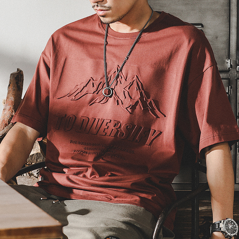 美式重磅t恤男短袖夏季潮流ins鋼印立體山系寬鬆大碼男裝純棉體恤
