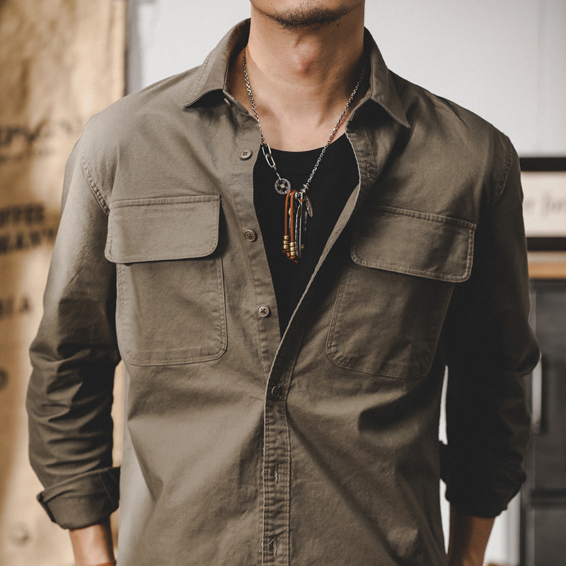 美式重磅復古工裝襯衫男長袖寬鬆硬漢獵裝男士休閒襯衣男春季外套