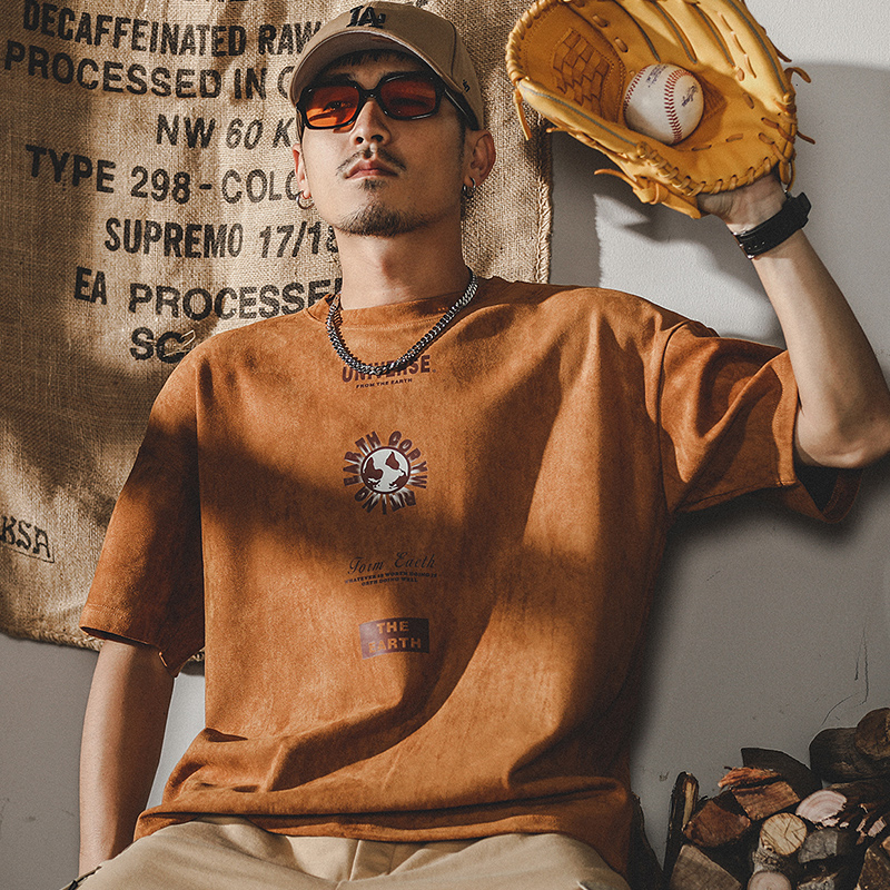 美式復古T恤男短袖夏季潮牌寬鬆ins男裝半袖麂皮絨垂感體恤