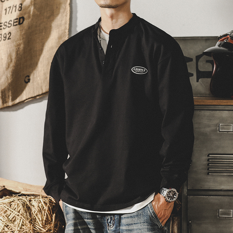 美式經典復古純棉280g重磅T恤男長袖春季潮牌英倫亨利領POLO衫男