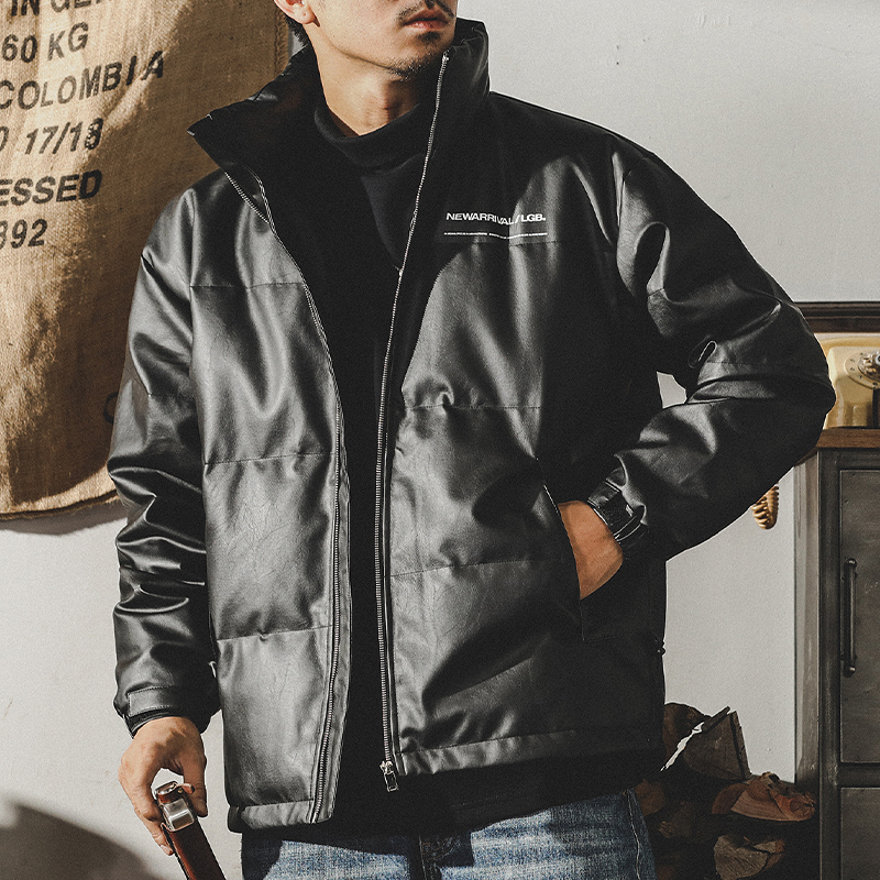 保暖面包服外套男冬季2022年新款時尚加厚PU皮立領白鴨絨羽絨服男