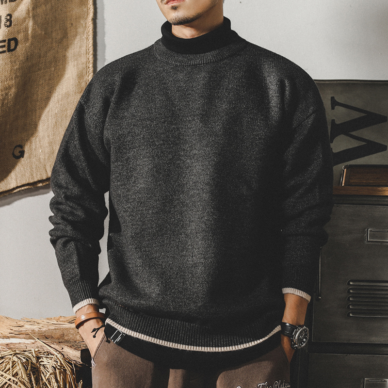 美式經典復古毛衣男冬季假兩件撞色寬鬆大碼男裝簡約內搭針織衫男