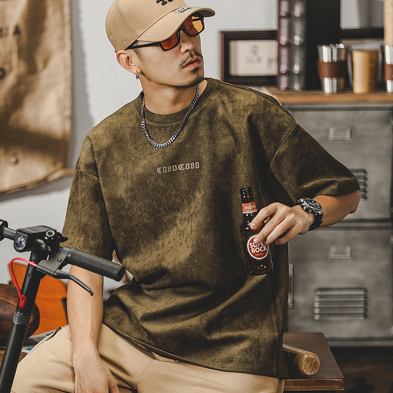 美式復古重磅t恤男短袖男士夏季寬鬆潮牌麂皮絨做舊垂感半袖體恤