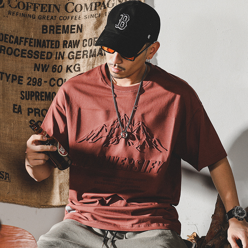 美式重磅t恤男短袖夏季潮流ins鋼印立體山系寬鬆大碼男裝純棉體恤