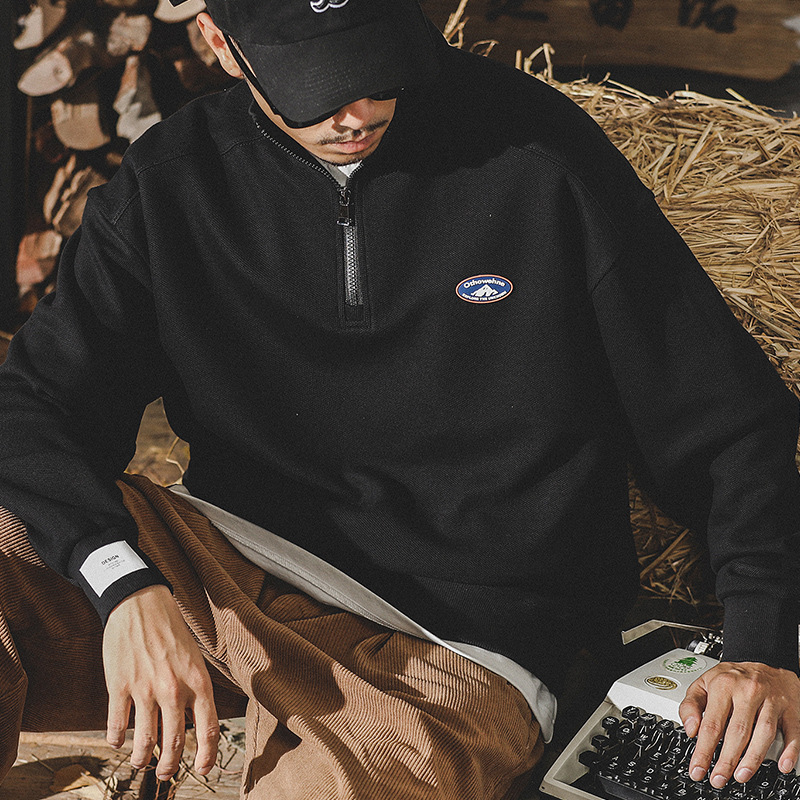 美式亨利領衛衣男士2023年新款ins潮牌320g重磅半拉鍊Polo男長袖