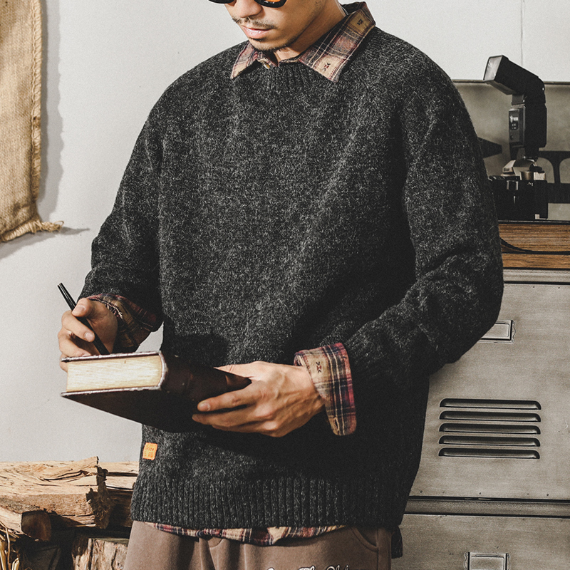 美式經典復古毛衣男冬季ins潮牌基礎簡約搭配圓領寬鬆男款針織衫