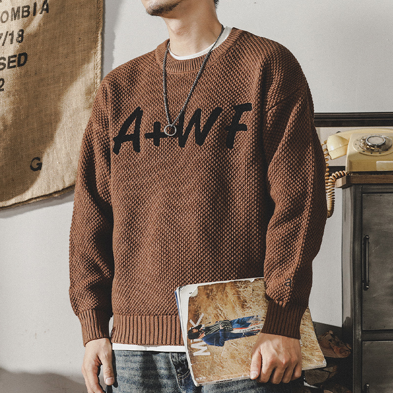 美式重磅菠蘿紋毛衣男冬季2023年新款寬鬆粗針慵懶風針織衫外套男