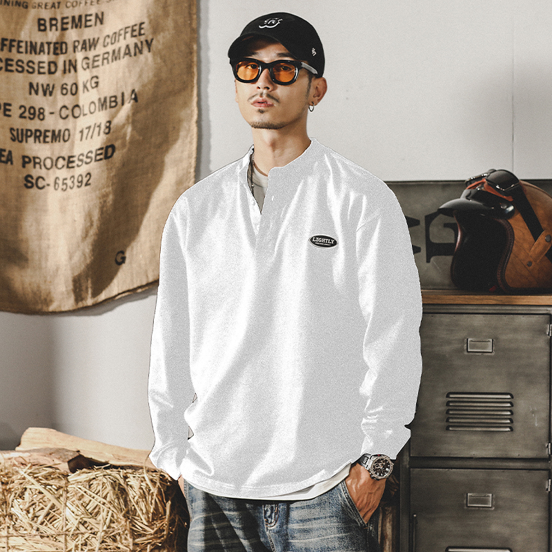 美式經典復古純棉280g重磅T恤男長袖春季潮牌英倫亨利領POLO衫男