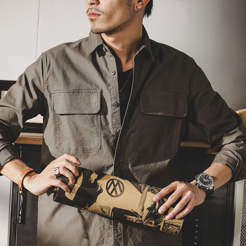 美式重磅復古工裝襯衫男長袖寬鬆硬漢獵裝男士休閒襯衣男春季外套