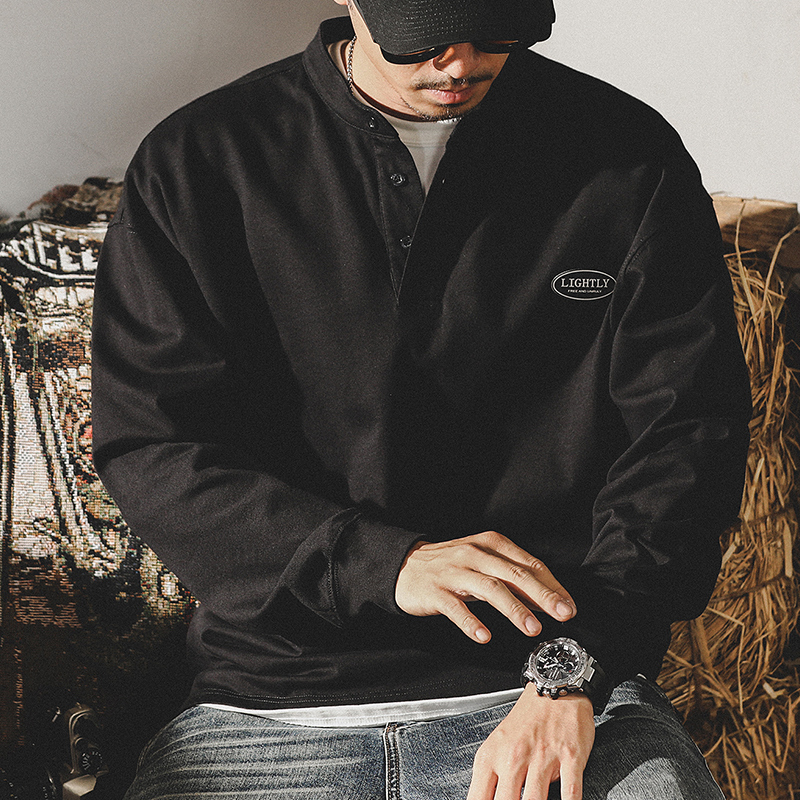 美式經典復古純棉280g重磅T恤男長袖春季潮牌英倫亨利領POLO衫男