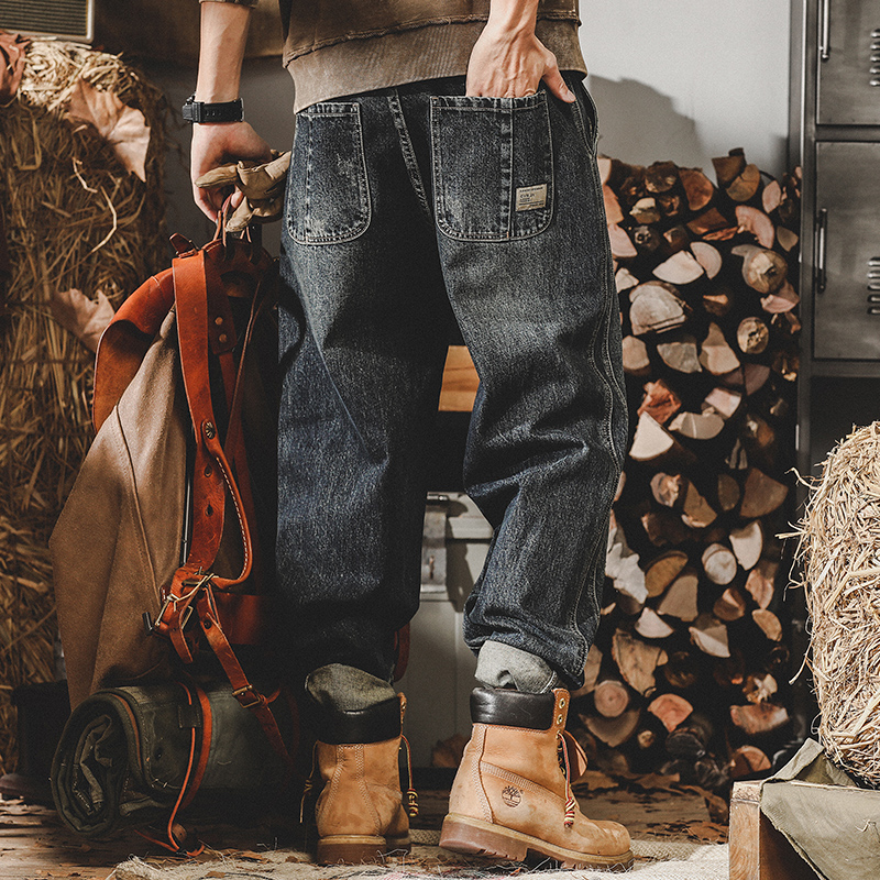 美式重磅復古牛仔褲男寬鬆直筒2023年春季新款做舊工裝闊腿褲子男