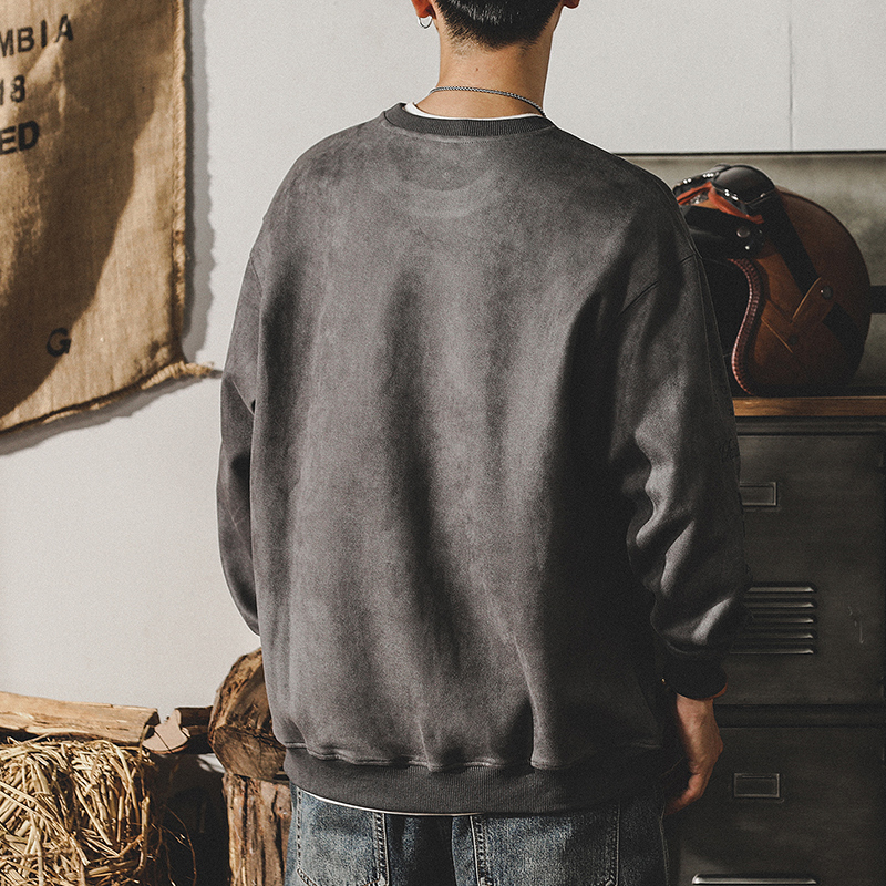 美式復古加絨復古衛衣男春季寬鬆大碼380g重磅麂皮絨做舊垂感T恤