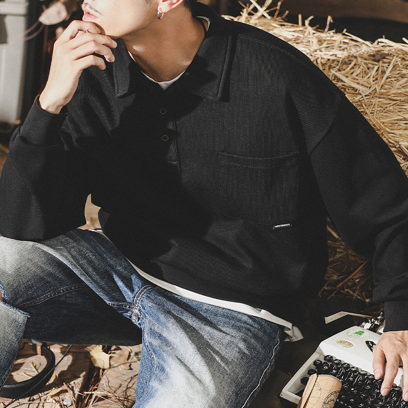 美式320g重磅POLO衫男春季简约风ins潮牌宽松翻领纯棉男士长袖T恤