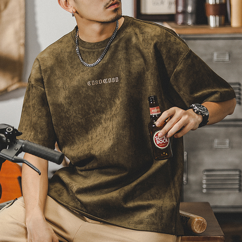 美式復古重磅t恤男短袖男士夏季寬鬆潮牌麂皮絨做舊垂感半袖體恤