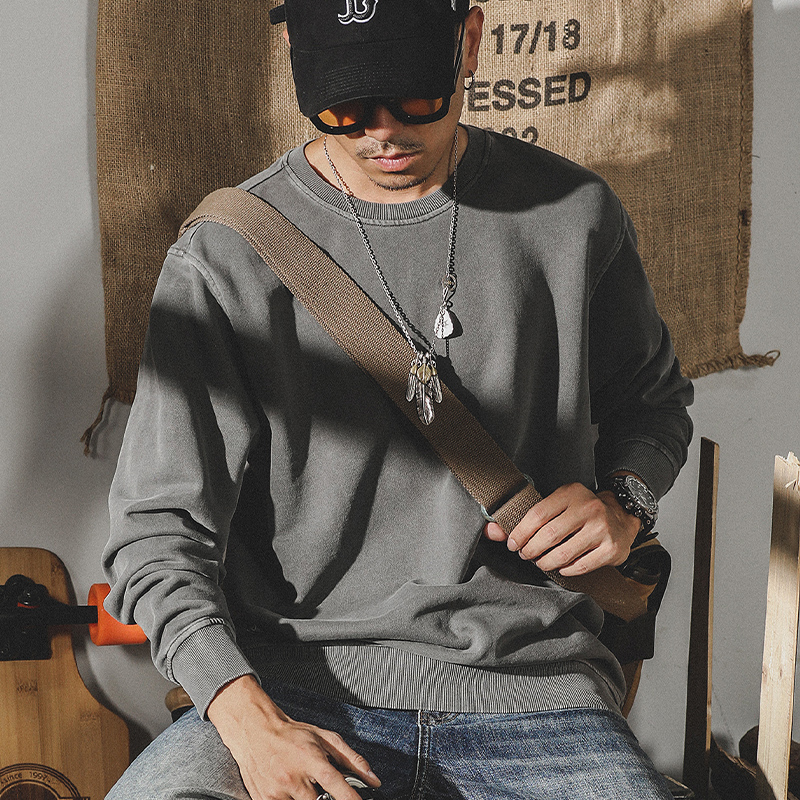 美式復古320g重磅衛衣男春秋圓領2023年新款打底衫男寬鬆大碼春季