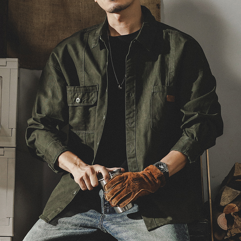美式重磅復古工裝襯衫男長袖寬鬆硬漢獵裝襯衣男春季教練夾克外套