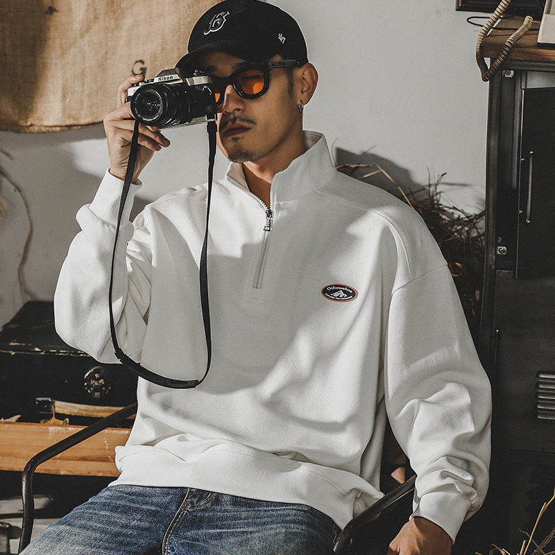 春裝新款白色翻領重磅衛衣男春季美式山系寬鬆潮牌長袖男士POLO衫