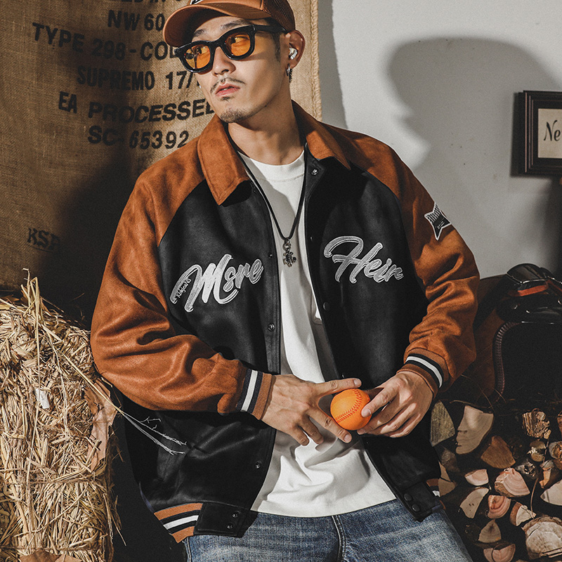 美式重磅經典復古麂皮絨棒球服外套男春秋寬鬆高街潮牌夾克男春季