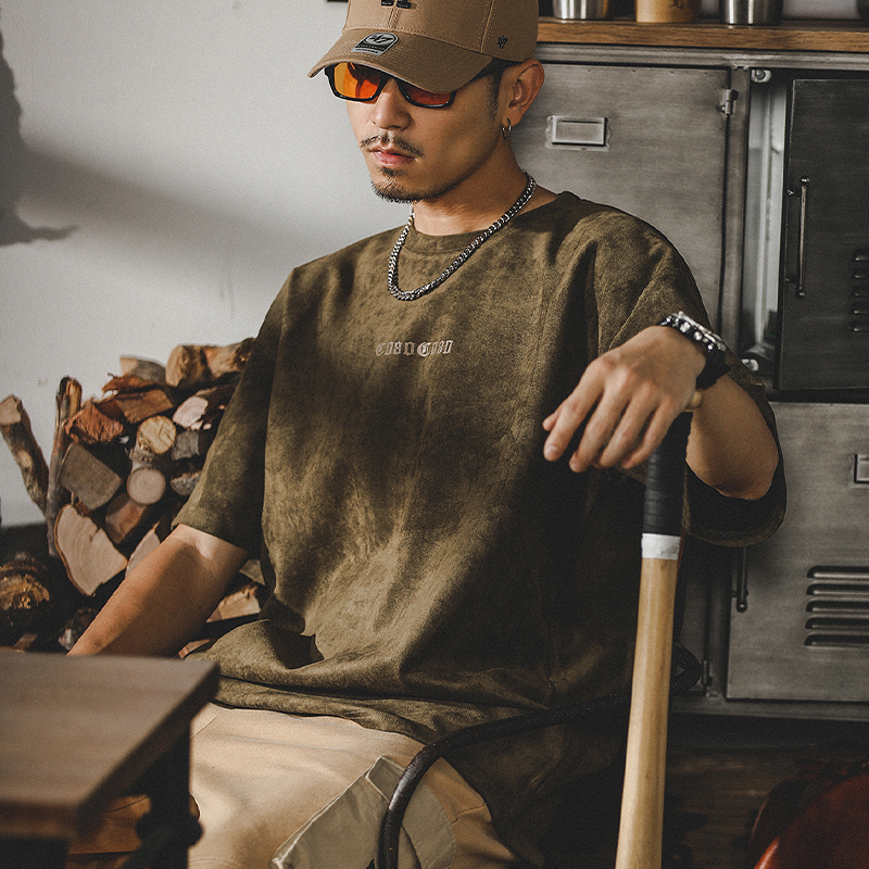 美式復古重磅t恤男短袖男士夏季寬鬆潮牌麂皮絨做舊垂感半袖體恤