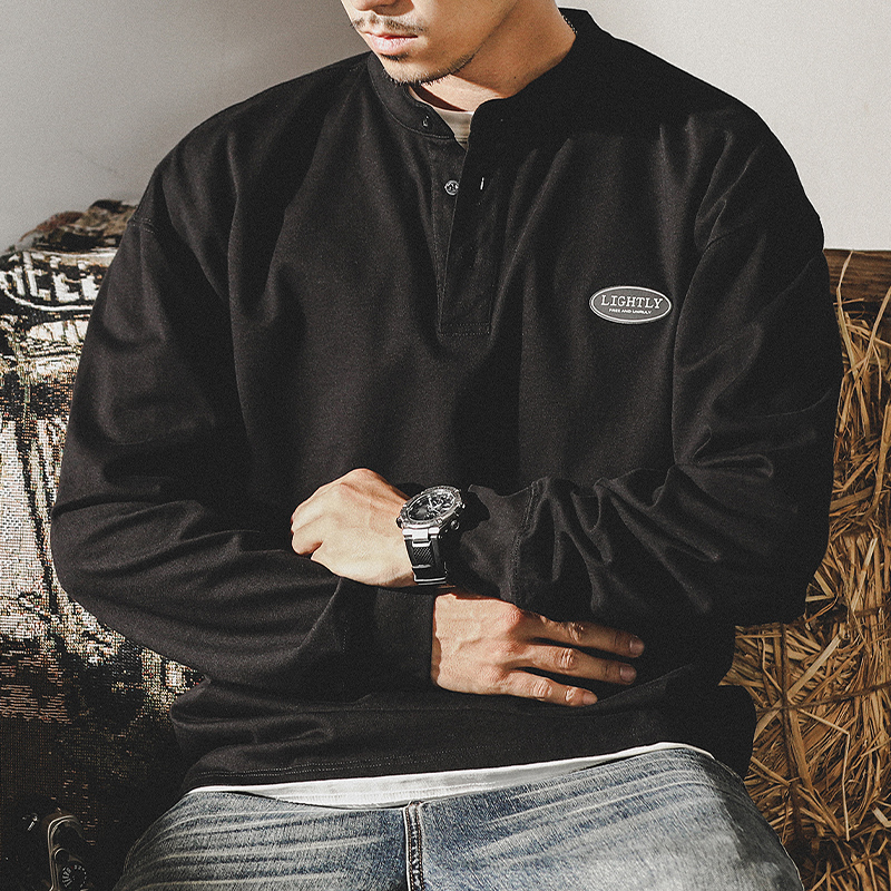 美式經典復古純棉280g重磅T恤男長袖春季潮牌英倫亨利領POLO衫男