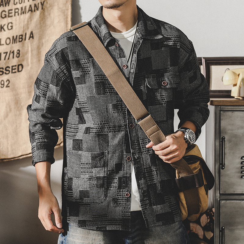 美式重磅復古長袖襯衫男春季寬鬆2023年新款潮流休閒拼色襯衣外套