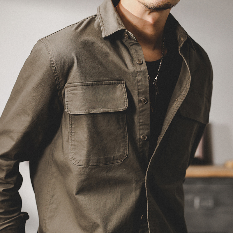 美式重磅復古工裝襯衫男長袖寬鬆硬漢獵裝男士休閒襯衣男春季外套