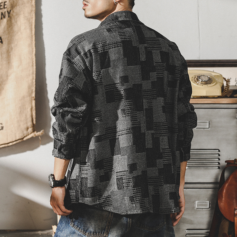 美式重磅復古長袖襯衫男春季寬鬆2023年新款潮流休閒拼色襯衣外套